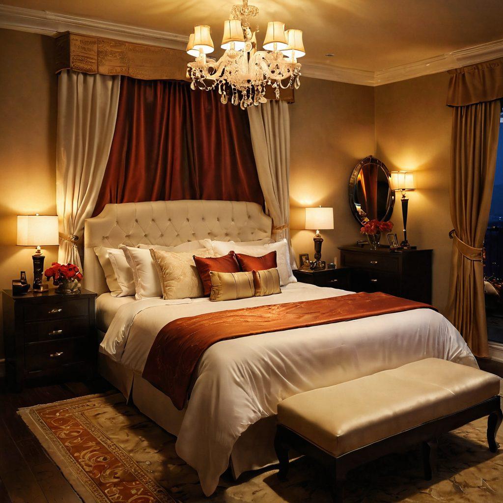 A luxurious and inviting bedroom setting featuring an elegant assortment of sensual items, including vibrant vibrators, soft silk sheets, and scented candles. The ambiance should be warm and intimate, with mood lighting that enhances the pleasure experience. Include subtle hints of exotic flowers and plush pillows to create a sense of indulgence and relaxation. The overall tone should be sophisticated and tastefully erotic. super-realistic. warm colors. soft lighting.