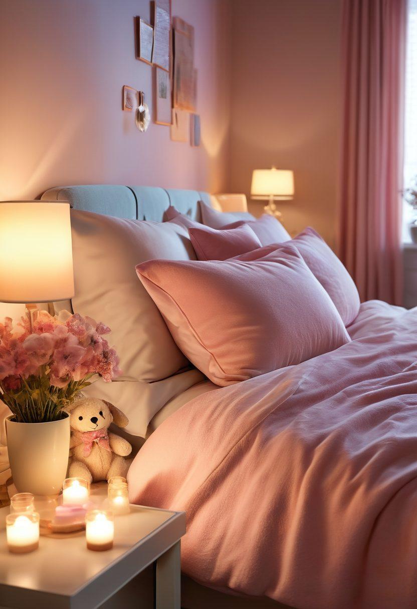 A serene and inviting bedroom setting, featuring a beautifully arranged display of various body-safe adult toys, elegantly presented on a soft, plush surface. The toys showcase a range of colors and designs, highlighting their ergonomic shapes and non-toxic materials, surrounded by soft candlelight and delicate flowers to convey intimacy and safety. Warm, inviting pastel tones enhance the atmosphere, creating a sense of comfort and exploration. soft lighting. vibrant colors. super-realistic.