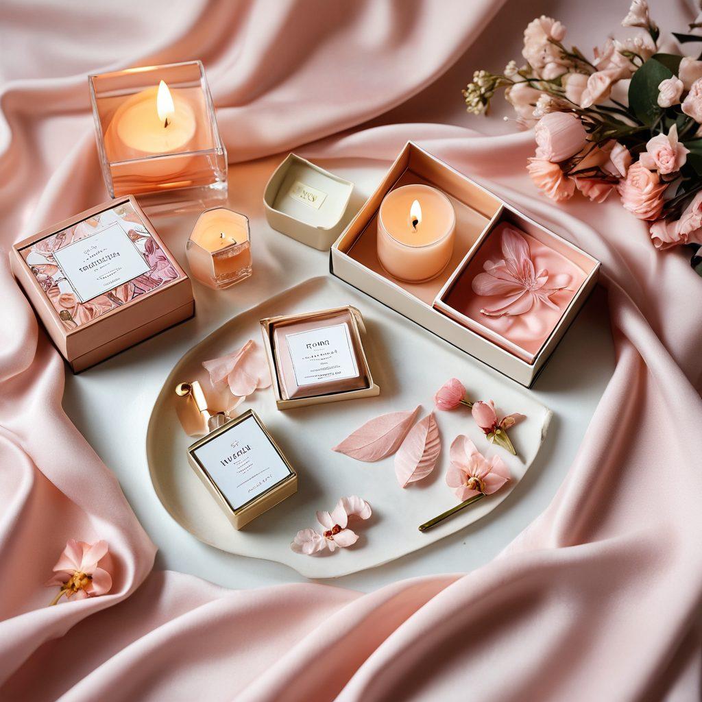 A luxurious flat lay of intimate products, including elegant boxes and delicate accessories, surrounded by silky fabrics and soft candlelight for an inviting atmosphere. Incorporate soft pastel colors like blush pinks and light creams. A whisper of floral elements like petals or leaves to convey a sense of intimacy and tranquility. The composition should evoke feelings of self-care and exploration.  super-realistic. warm colors. soft focus.